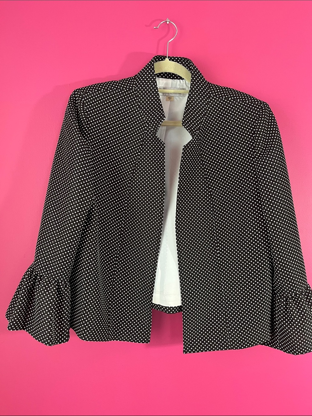 Tahari Black Jacket with White Polka Dots and Ruffle Sleeves